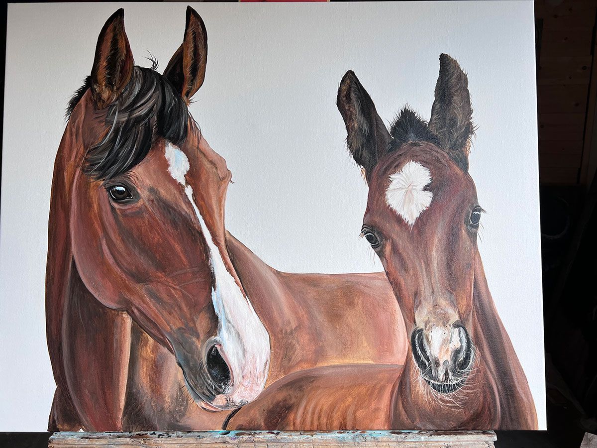 Schildering van paard en veulen op canvas | Janneke van Genugten
